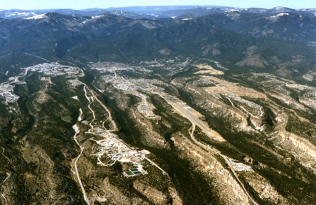 Los_Alamos_Aerial,high southwest view aerial of Los Alamos Los Alamos National Laboratory (left) and Los Alamos townsite (middle and right)